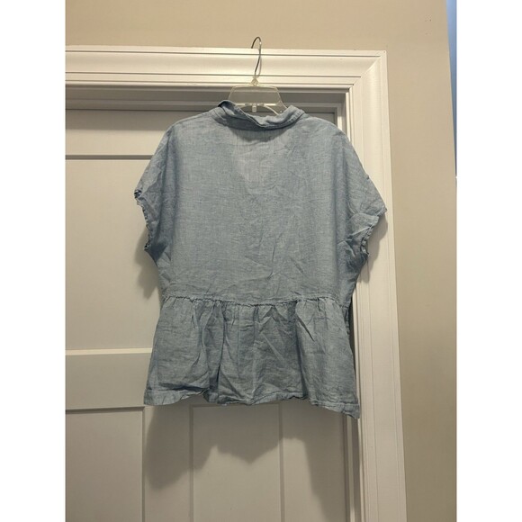 Cynthia Rowley Blue Linen Top Sz Large Short Sleeve Ruffle Peplum Henley Collar - Picture 4 of 5